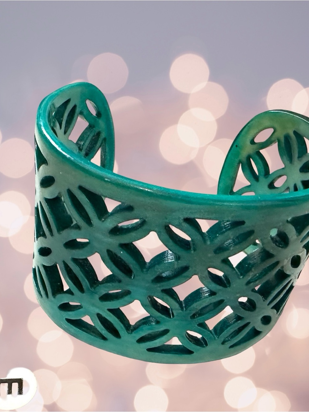 Unique Vintage Teal Cutout Floral Cuff Bracelet - Possibly Resin or Lucite